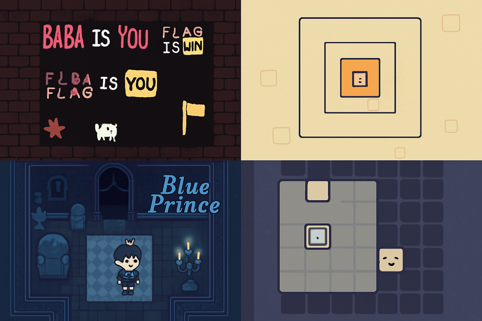 Stylized collage of Baba Is You rule-bending puzzles, Patrick's Parabox recursive boxes, and Blue Prince mansion drafting for indie puzzle games like Baba Is You in 2025