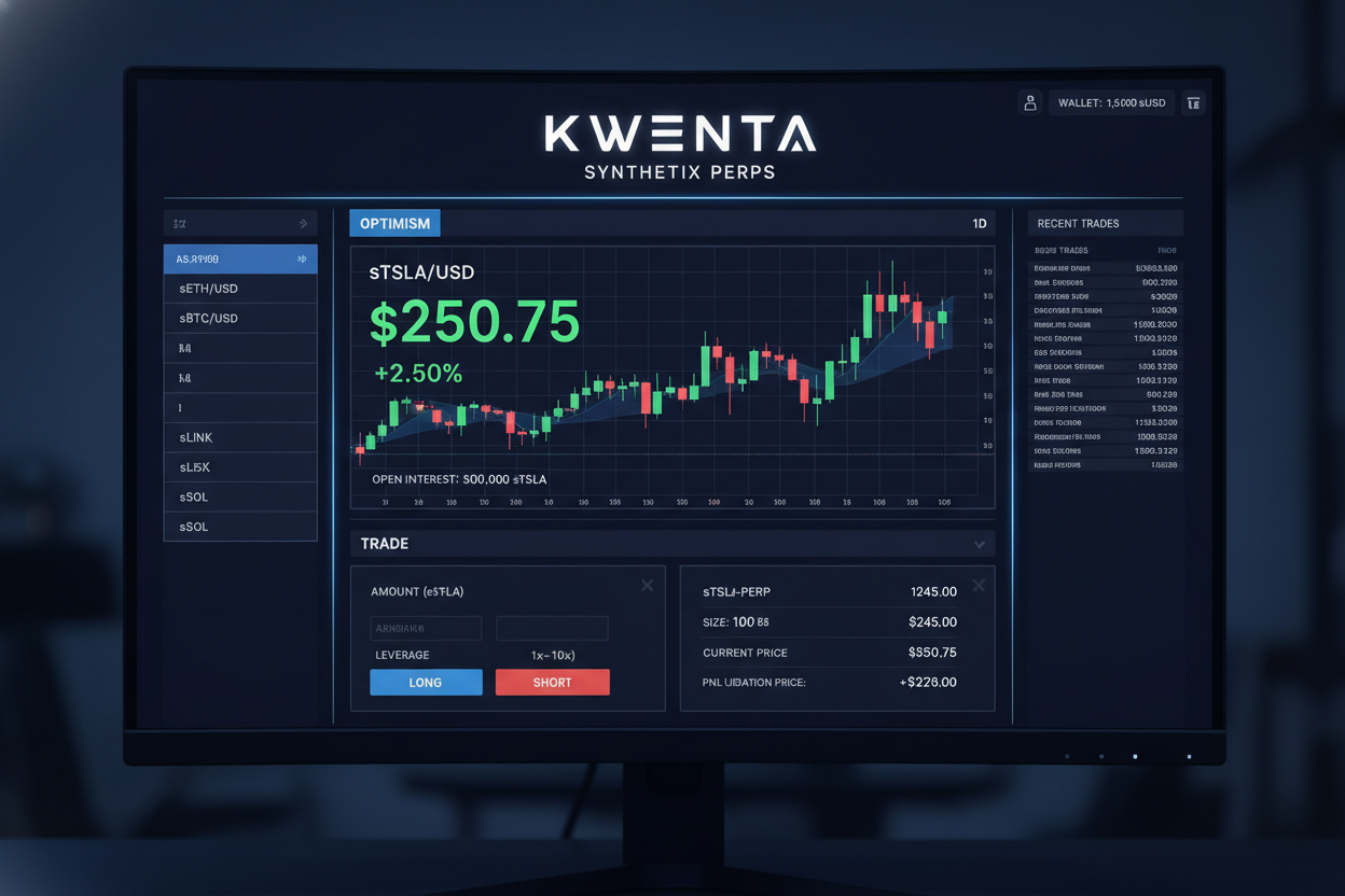Synthetix Perps dashboard on Kwenta displaying sTSLA perpetual market interface on Optimism mainnet for tokenized Tesla stock trading