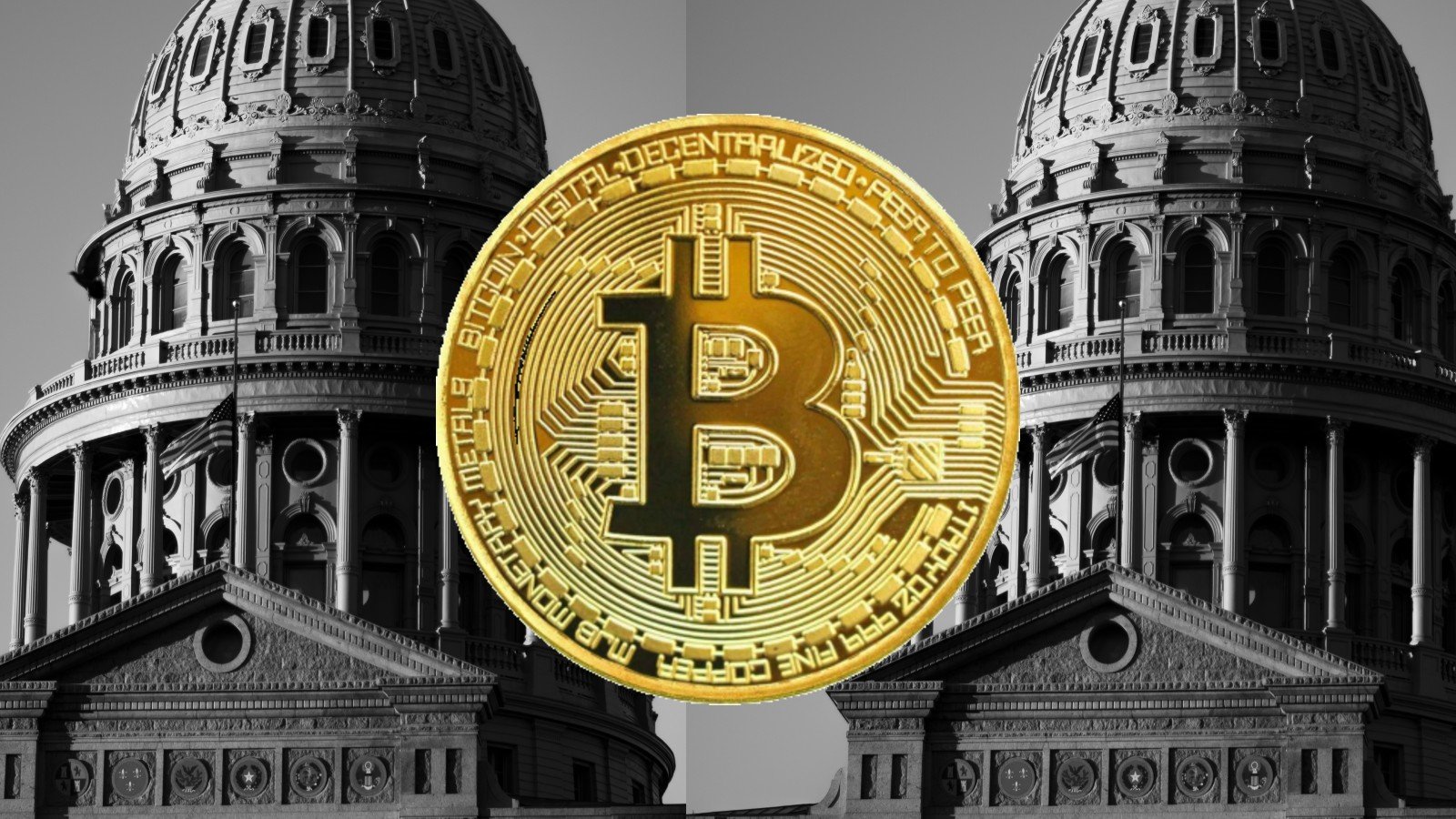 Texas State Capitol building with a prominent Bitcoin symbol overlay, representing Texas's new Bitcoin reserve law in 2025.