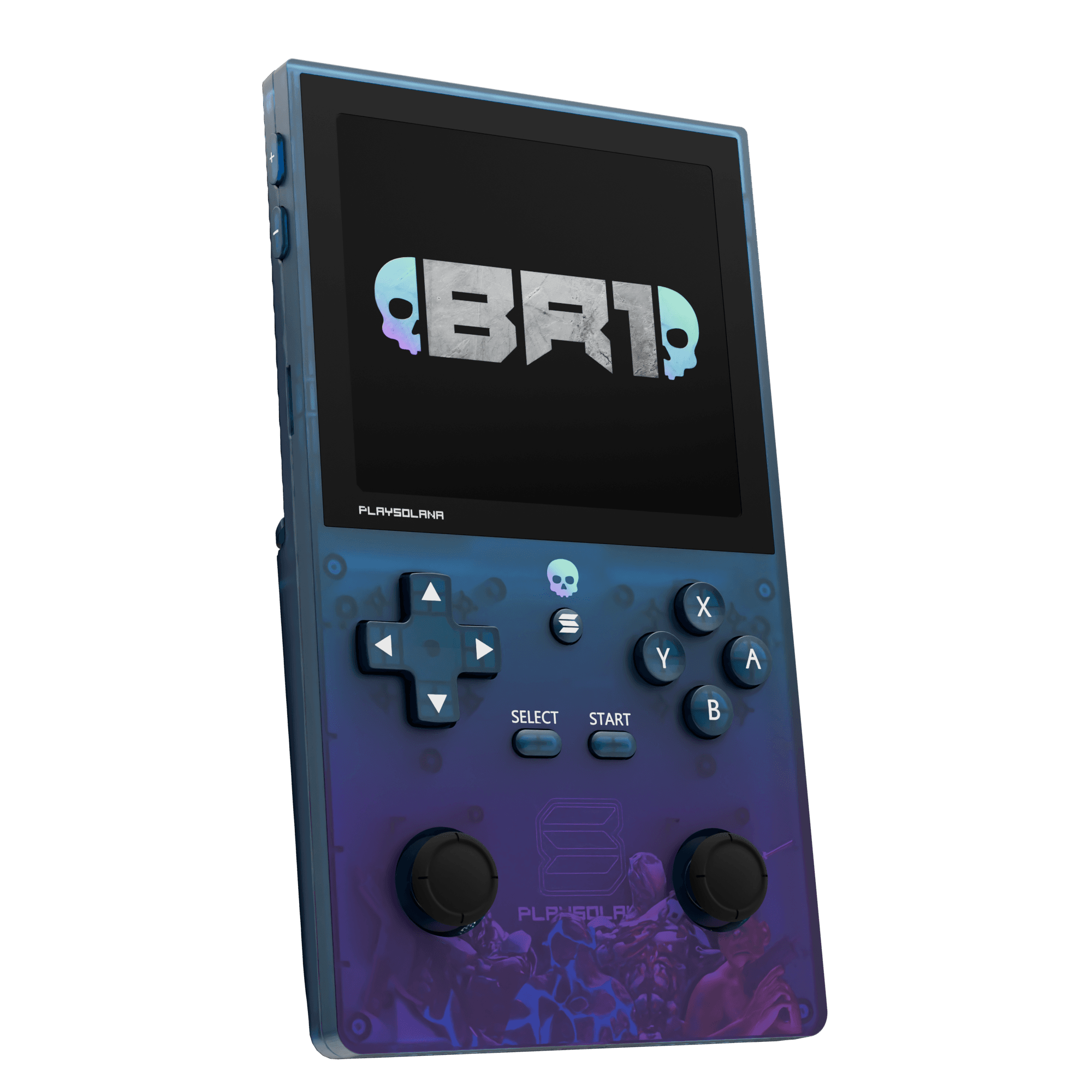 PlaySolana PSG1 handheld gaming console in use, highlighting its retro-futuristic design and vibrant OLED screen