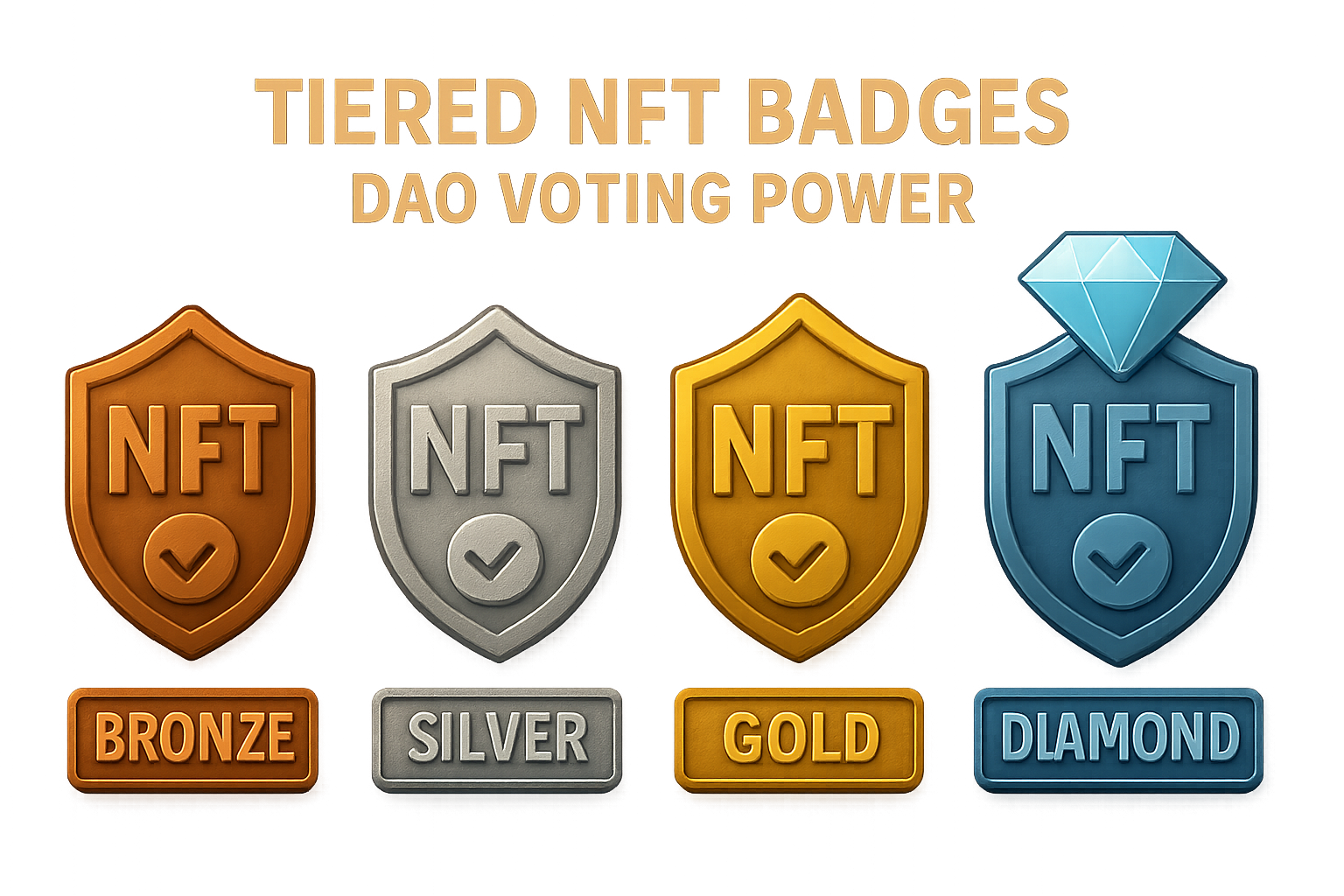 Tiered NFT badges from bronze to diamond illustrating DAO governance voting power levels and member rewards