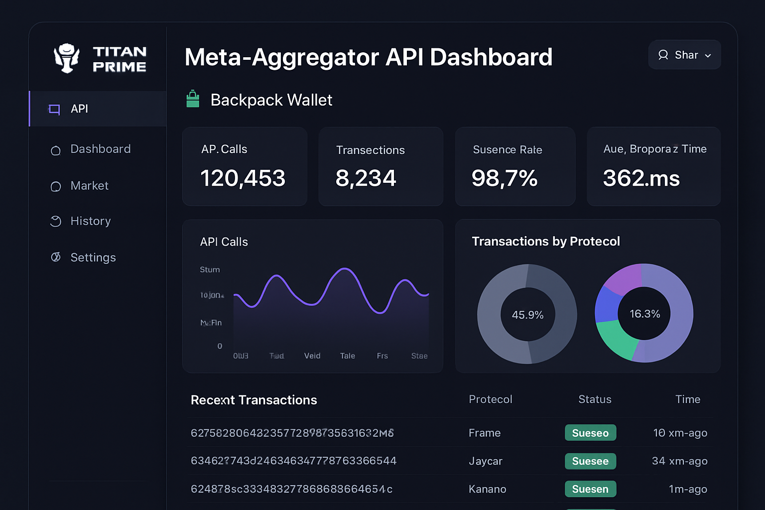 Titan Prime meta-aggregator API dashboard screenshot in Backpack Wallet for Solana swaps