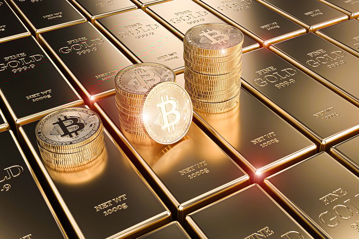 Tokenized gold coins connected by a blockchain network, representing digital ownership and modern gold investment