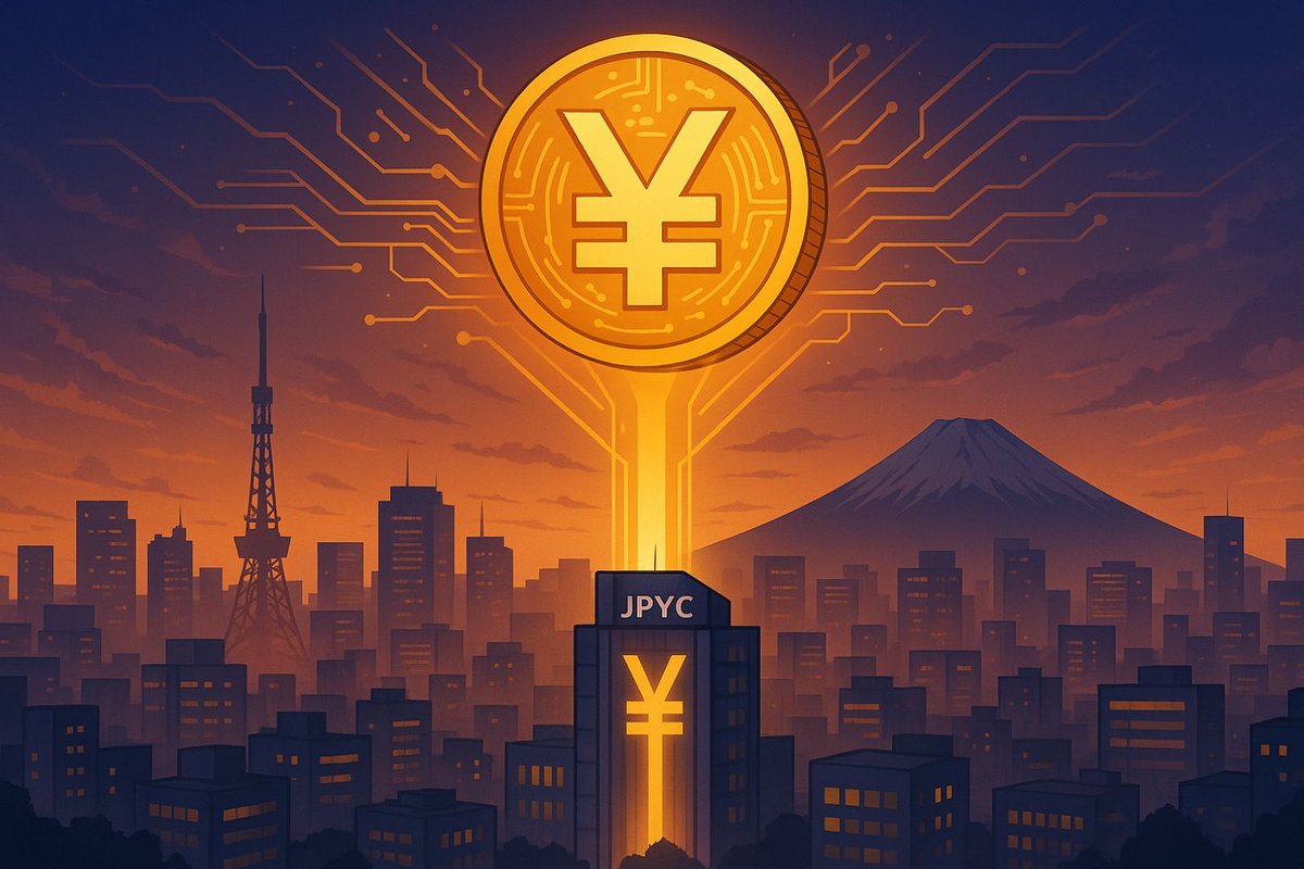 Tokyo skyline at dusk with digital yen symbols overlay representing JPYC stablecoin innovation