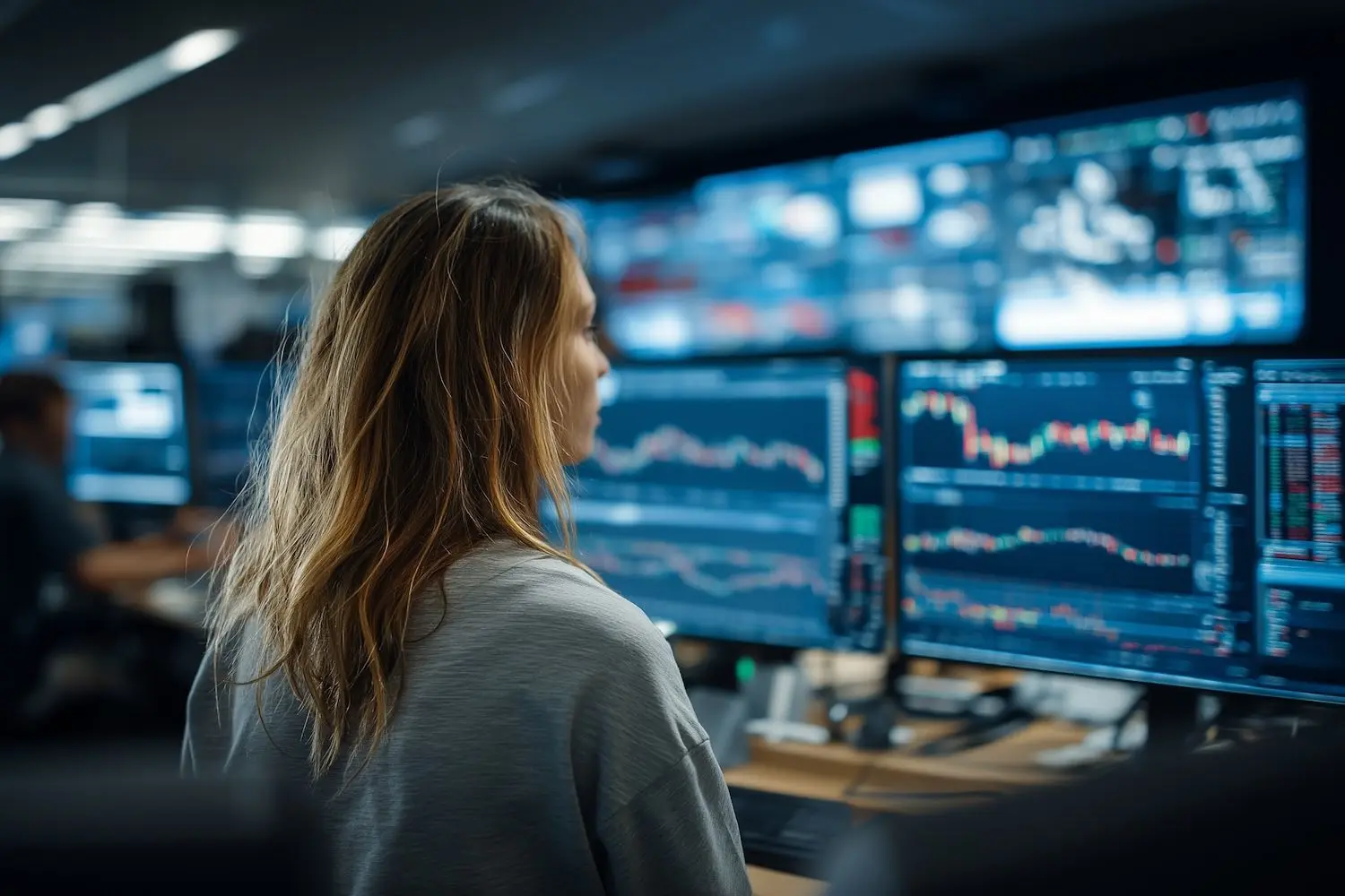 Crypto traders at a modern trading desk analyzing digital asset charts and discussing risk management strategies during a volatile market session, representing top 5 bear market crypto trading tactics.