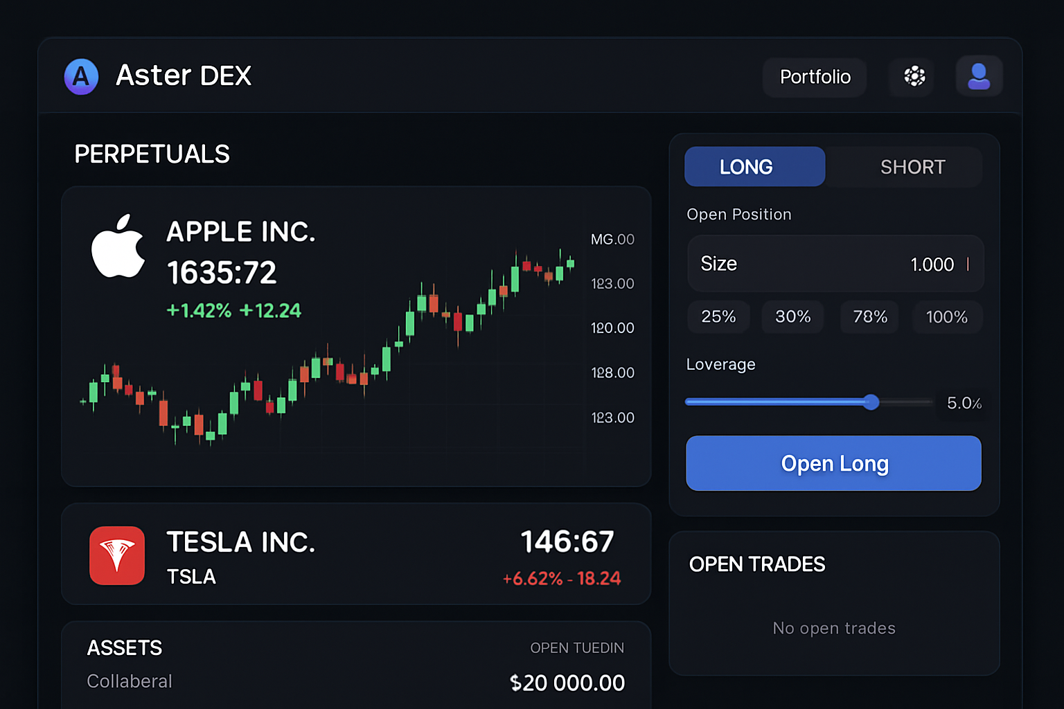 Aster DEX trading dashboard interface displaying stock perpetual contracts for Apple and Tesla, highlighting decentralized 24/7 trading features and leverage options.