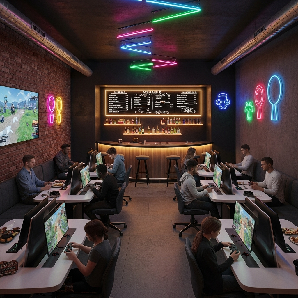 Two AI agents locked in intense fighting game battle in neon-lit esports arena, AI bots competing in cyberpunk-style PvP combat