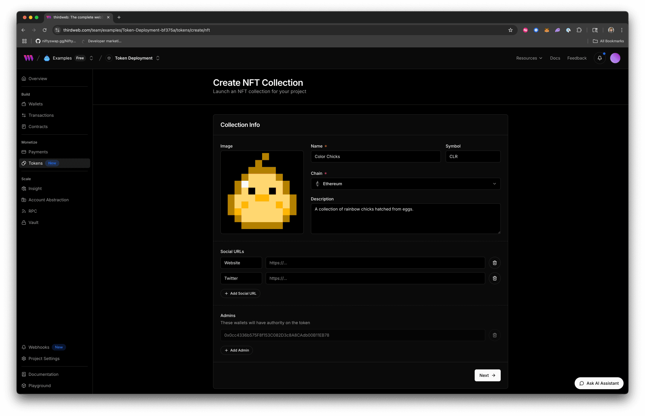 Unity interface screenshot showing ERC-721 NFT minting panel with blockchain wallet connection for Web3 game development