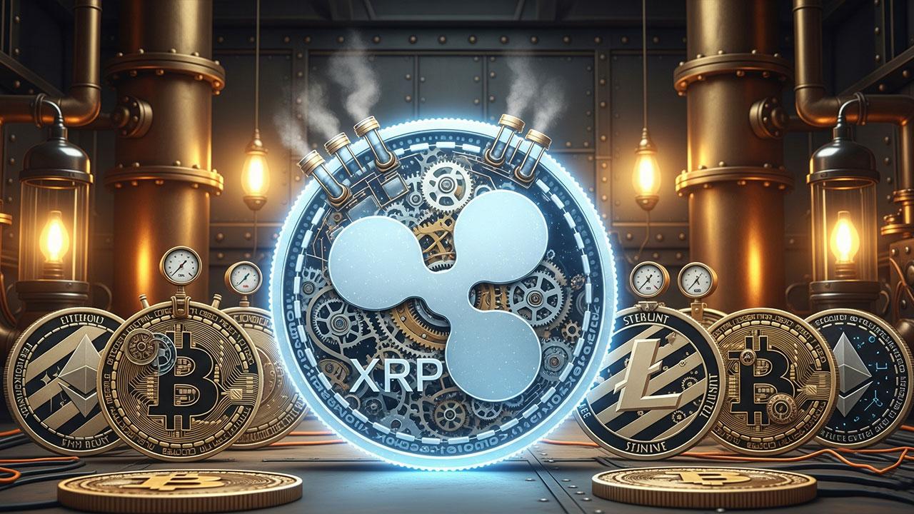 US bank headquarters buildings with overlay of digital asset icons like Ripple and Circle, representing the intersection of traditional banking and cryptocurrency regulation in 2025.