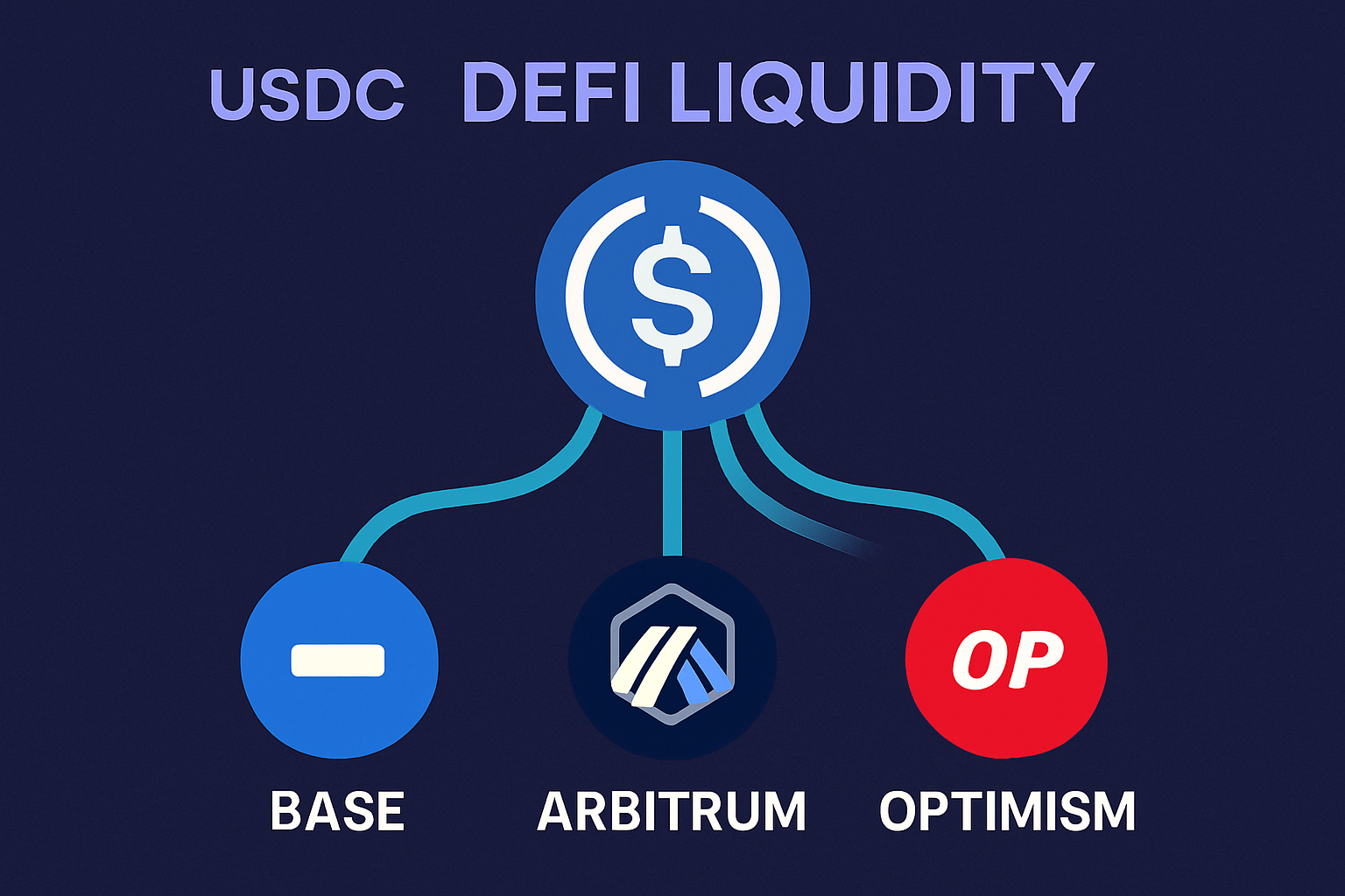 Visualization of USDC stablecoin and DeFi liquidity flow across Ethereum Layer 2 networks like Base, Arbitrum, and Optimism, highlighting institutional adoption and increased user activity.