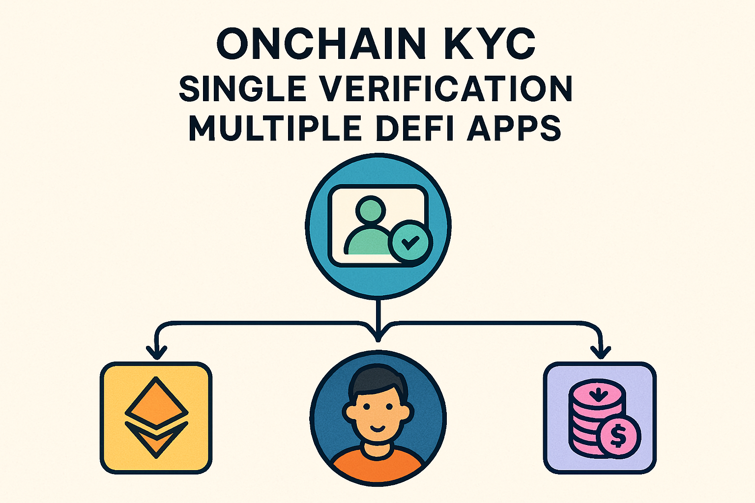 Illustration of user completing single onchain KYC verification then seamlessly accessing multiple DeFi apps with reusable attestations