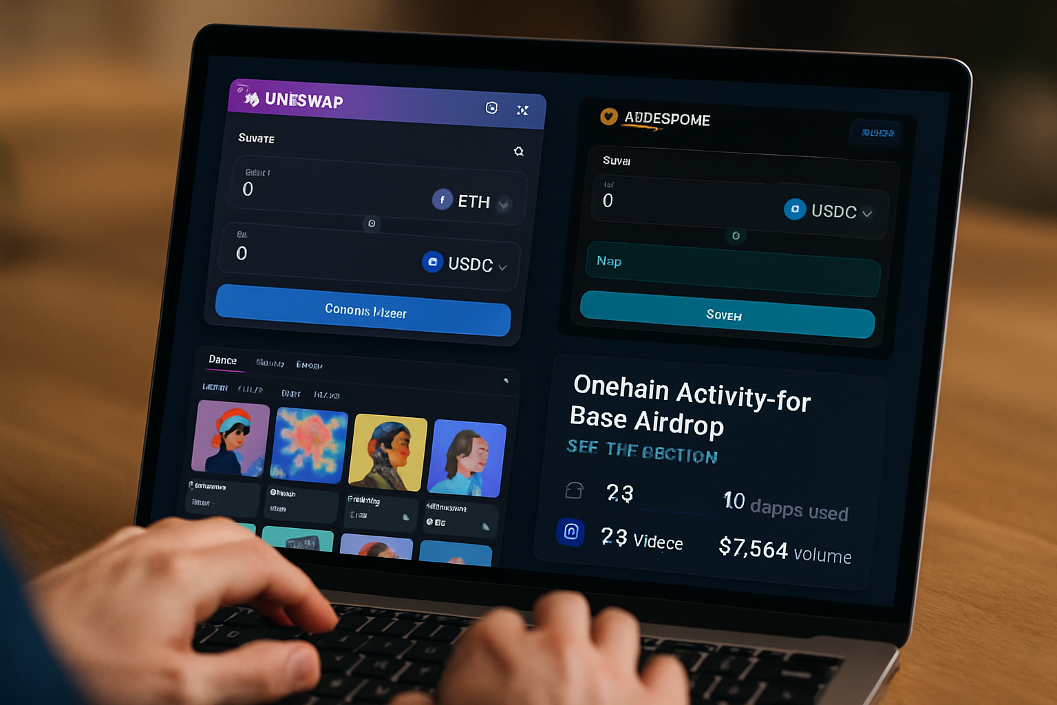 User interacting with Base-native dApps like Uniswap and NFT platforms on a laptop to maximize onchain score for the Base $BASE airdrop
