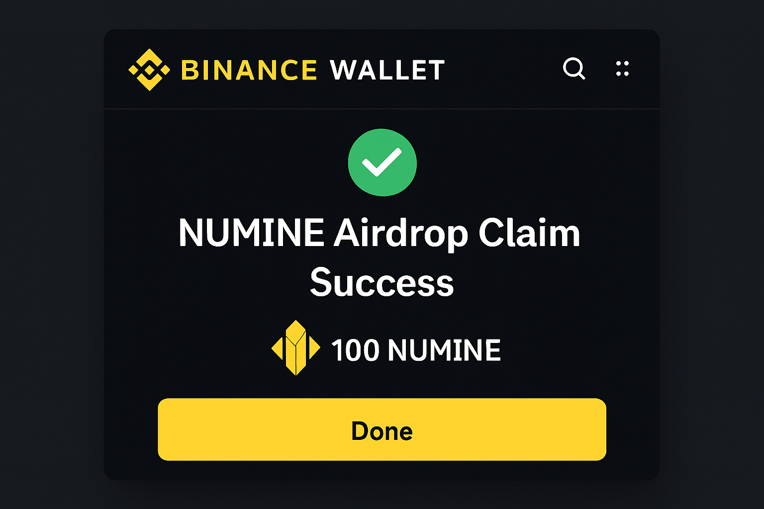 Binance Wallet interface showing successful NUMINE airdrop claim confirmation screen