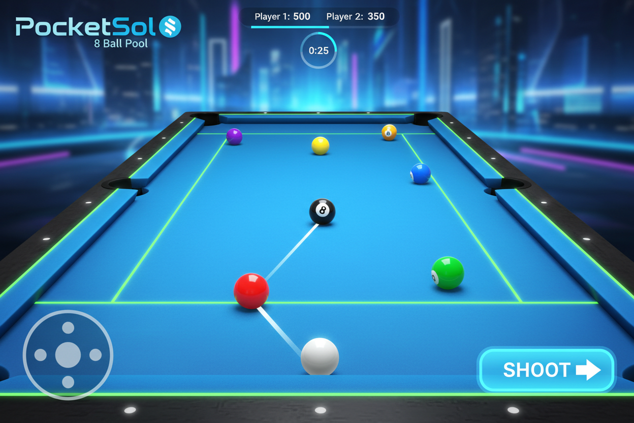 Vibrant 8-ball pool table in PocketSol gameplay on Solana blockchain, play-to-earn crypto rewards and realistic pool physics