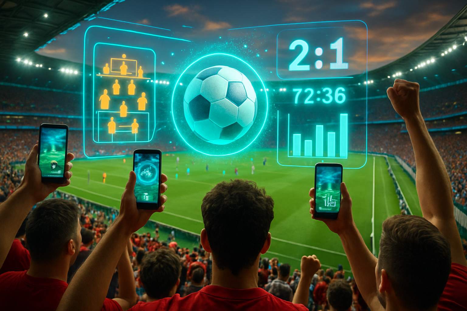 Vibrant AR augmented reality overlay on crowded soccer stadium during live match, fans interacting with Chiliz Fan Tokens via mobile phones