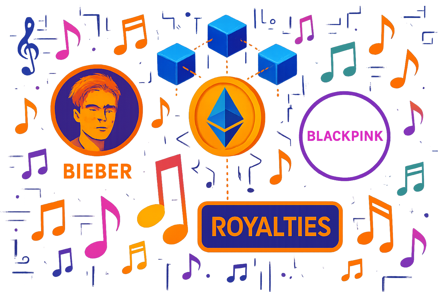 Vibrant blockchain graphic illustrating music notes tokenized as Justin Bieber and BLACKPINK royalties on Ethereum network