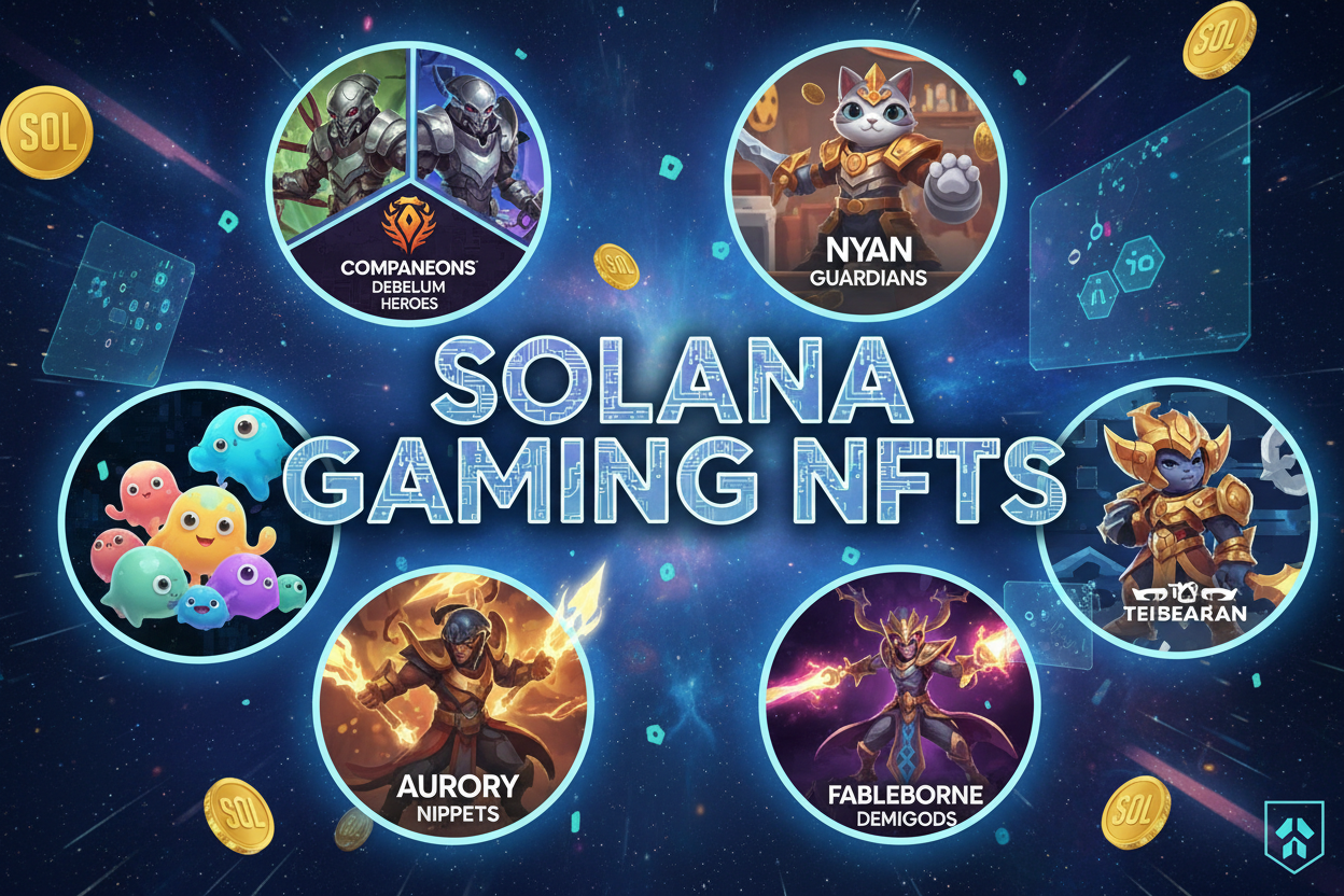 Vibrant collage of Companeons, Debellum Heroes, Nyan Guardians, Aurory Nippets, Fableborne Demigods Solana gaming NFTs showcasing player-driven economies and metaverse marketplaces 2026