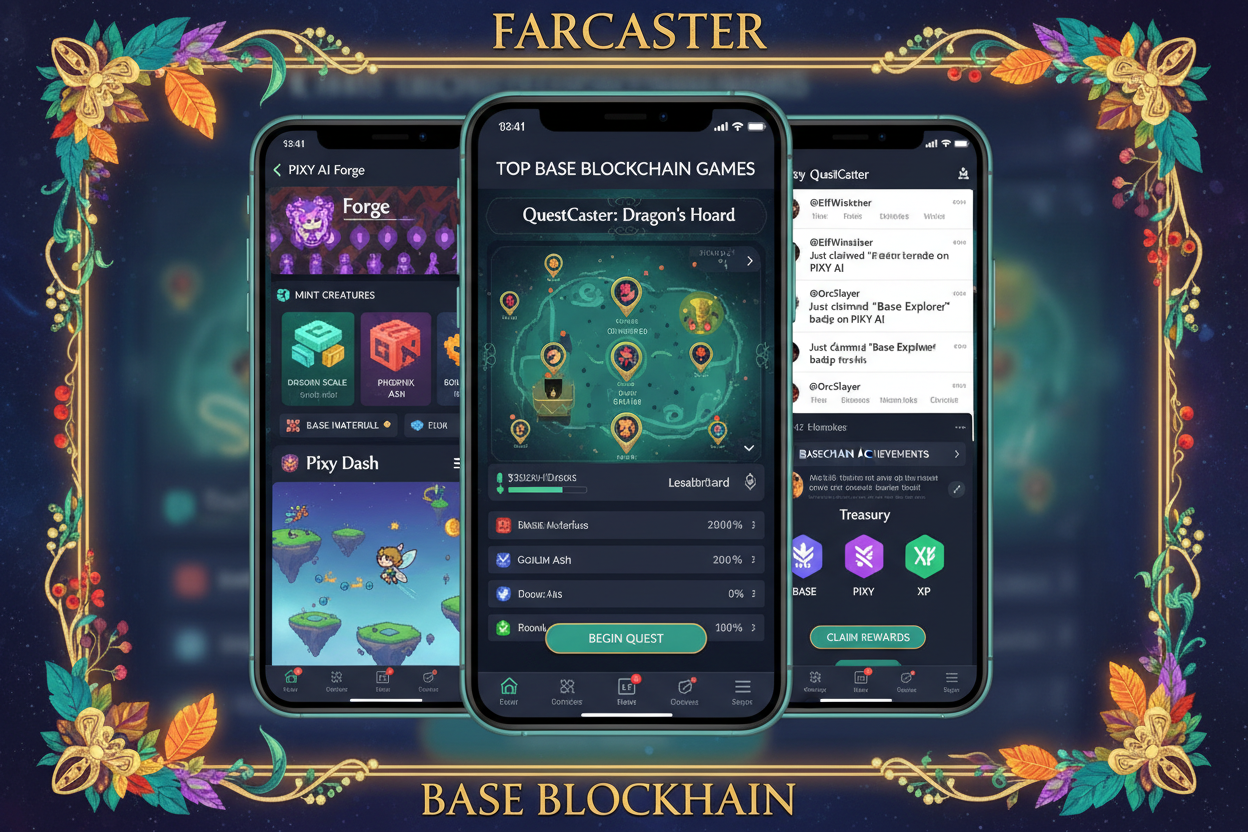 Vibrant collage of Farcaster Mini Apps interfaces on Base blockchain like PIXY AI, QuestCaster quests, Base Colors, Fantasy Top, Zoon, Lombard, Paragraph, Remotion, Farworld, Nani for SocialFi 2026