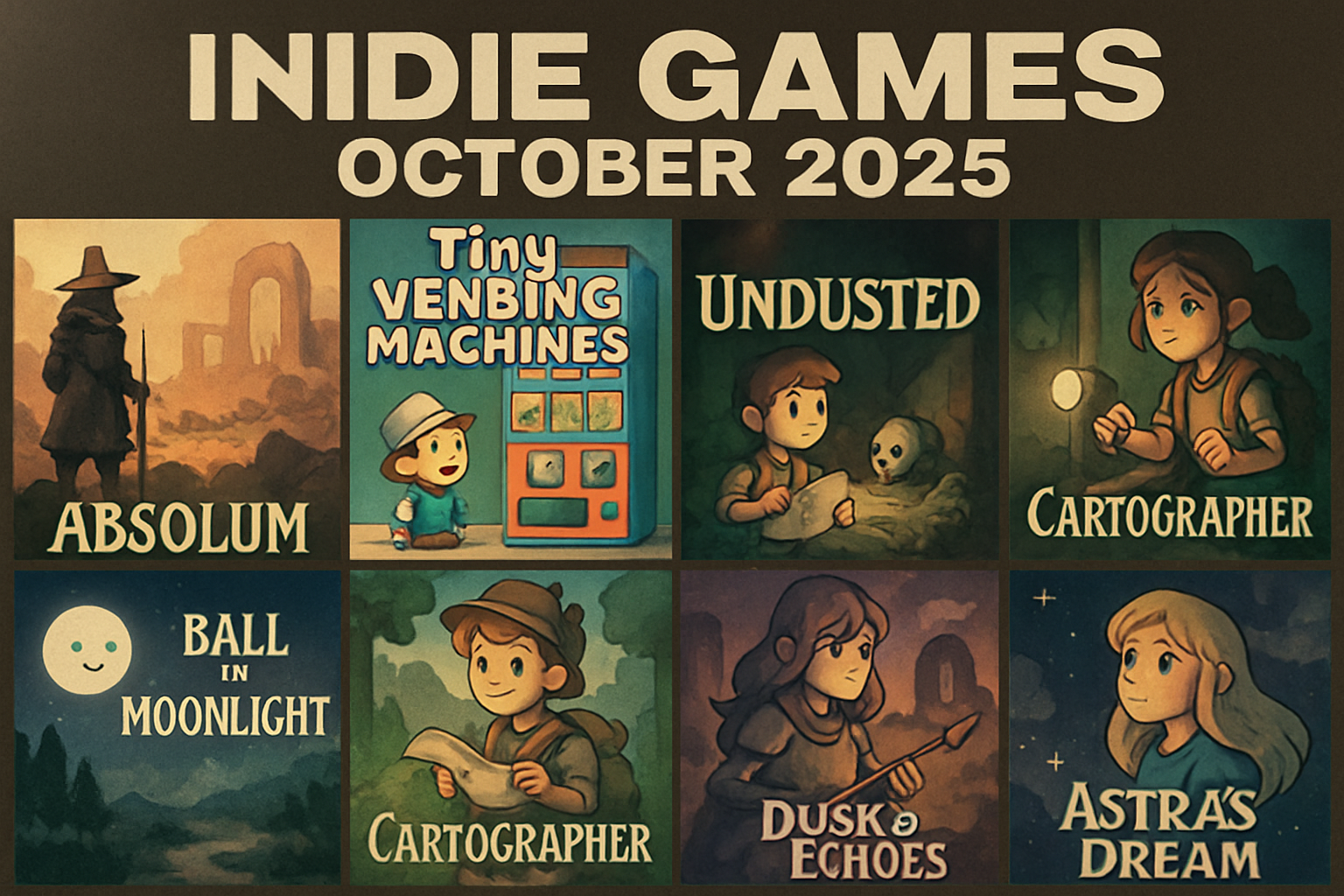 Collage featuring Absolum, Tiny Vending Machines, Undusted: Letters from the Past, Ball x, Moonlight Cartographer, Dusk & Echoes, Midnight Train: Lost Station, and Astra's Dream – top indie game releases for October 2025
