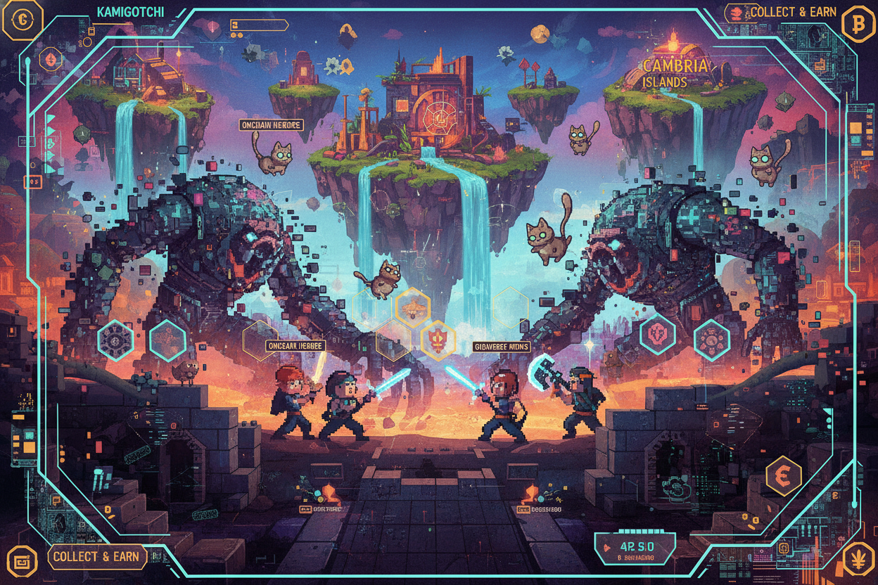 Vibrant collage of Onchain Heroes Genesis Heroes battles, Gigaverse ROMs dungeons, Cambria Islands landscapes, and Kamigotchi Kami creatures in action, showcasing top gaming NFTs holding value in 2026