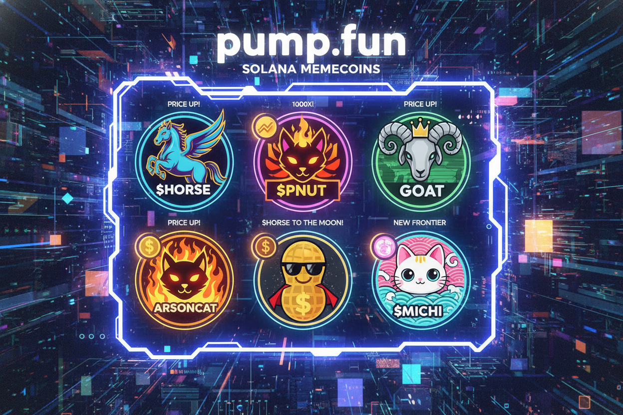 Vibrant collage of Pump.fun interface with exploding $HORSE $ARSONCAT $GOAT $PNUT $MICHI logos in Solana memecoin hype, top Pump.fun Solana memecoins 100x potential 2026
