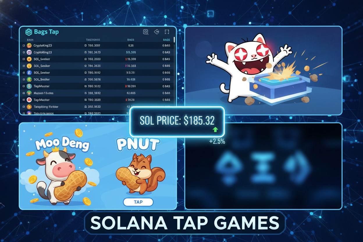 Vibrant collage of Solana tap-to-earn games screenshots featuring Bags Tap leaderboard, Popcat smashing animation, PNUT squirrels, Moo Deng hippo, and SOL price overlay at $83.74 for top memecoin pump games 2026