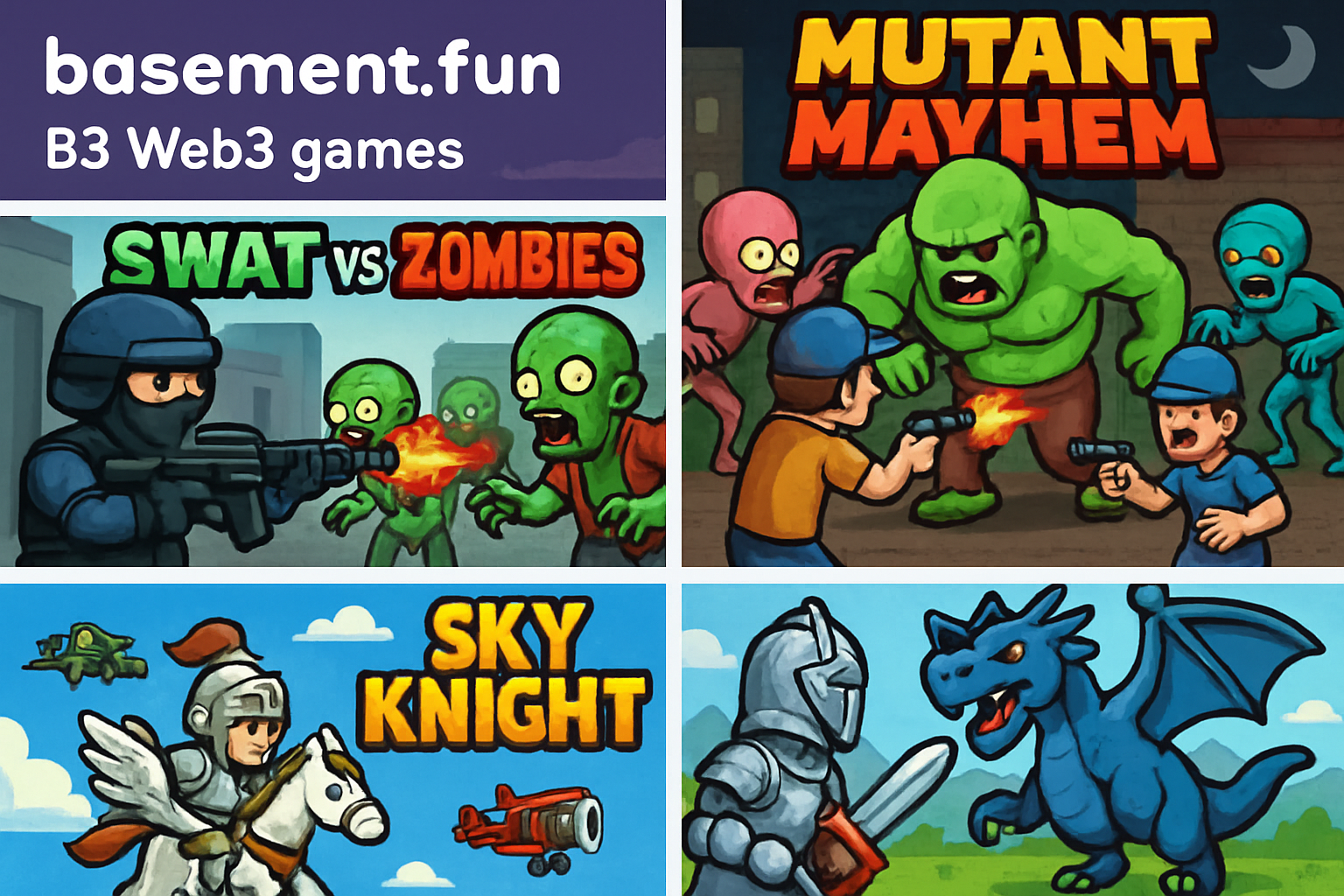 Vibrant collage of top B3 Web3 games on basement.fun including Swat vs Zombies, Mutant Mayhem, Sky Knight, B3 Brawlers, Onchain Odyssey, and more for seamless developer builds and player rewards in 2025