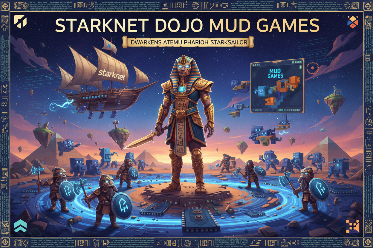 Vibrant collage of top Mud and Dojo fully on-chain games on Starknet for 2026 developers featuring Dwarkens naval battles, Atemu card strategies, Pharaoh, StarkSailor, StarkRacer, Keno, Bizzy Bears, and Vector
