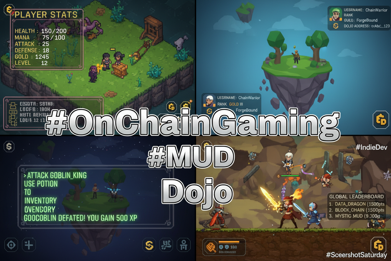 Vibrant collage of exploding Twitter hashtags #OnChainGaming #MUD #Dojo with indie on-chain game screenshots, player stats, and growth tactics for Mud Dojo indie devs reaching 1000 players
