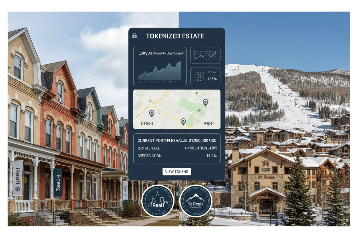 Vibrant collage of Detroit row houses for RealT tokenized properties, AI dashboard for Lofty AI fractional ownership, luxurious St. Regis Aspen ski resort, branded tokenized real estate 2026 case studies