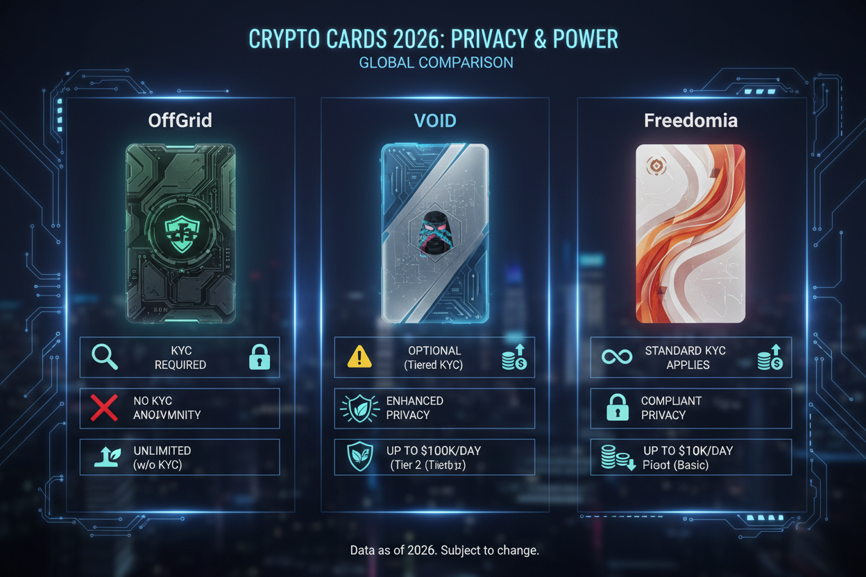 Vibrant 2026 comparison infographic of OffGrid, VOID Virtual, and Freedomia no-KYC crypto cards featuring privacy icons, spending limits, fees, and anonymous spending features