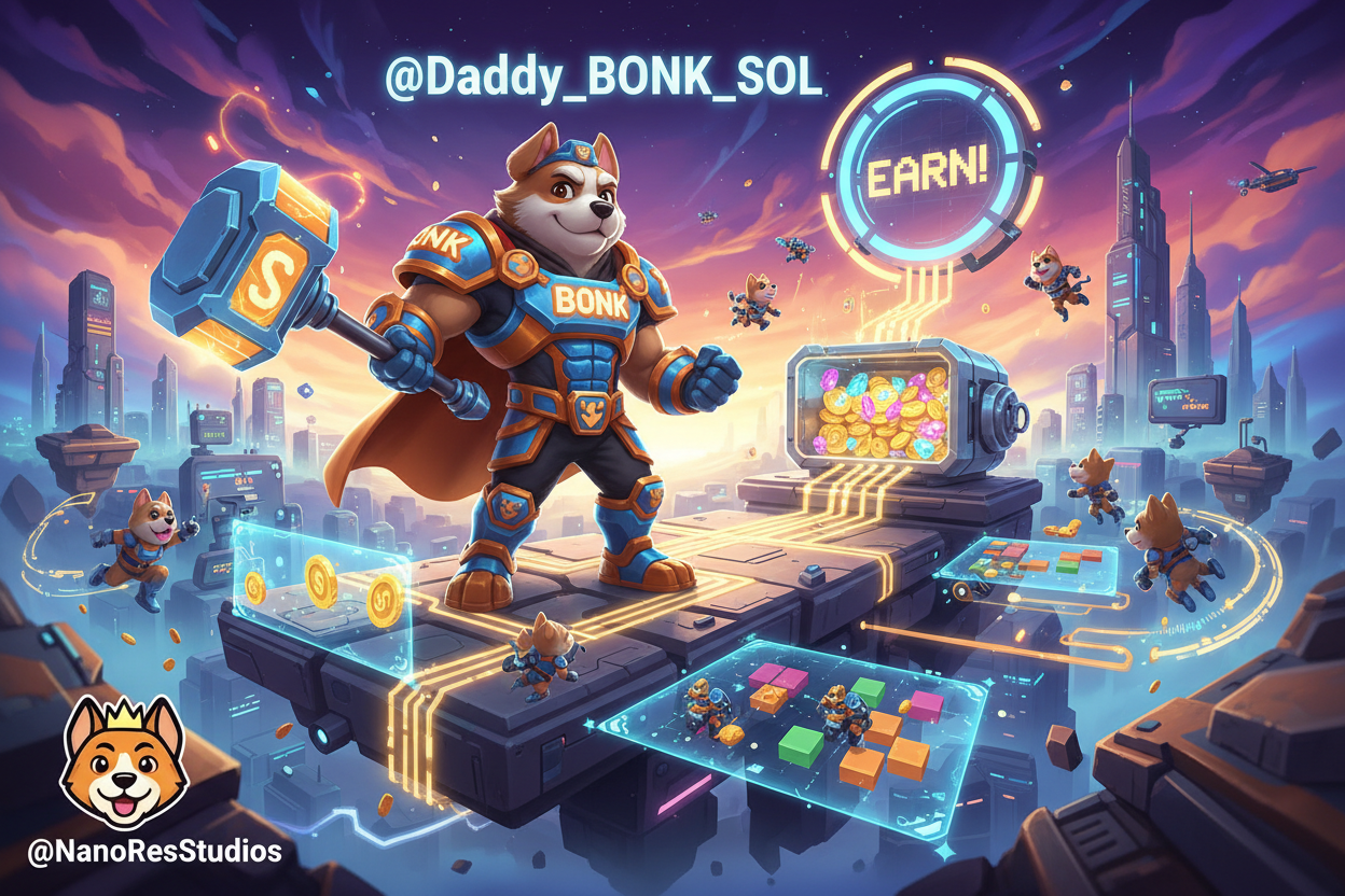 Vibrant concept art of Daddy BONK SOL Challenge-To-Earn virtual ecosystem on Solana, featuring players questing in immersive 3D RPG world with dynamic commodity trading markets