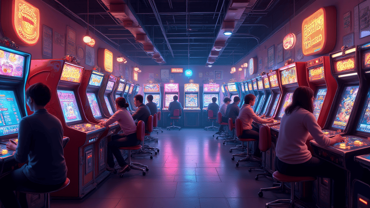 Vibrant crowd of retro gamers competing in intense arcade tournament at B3.fun Basement Gaming Events, neon lights glowing with excitement and nostalgia