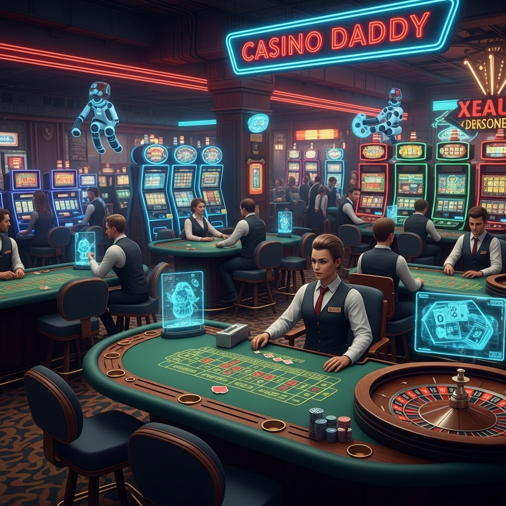 Vibrant digital illustration of 8 AI bots bluffing at a neon-lit poker table in futuristic arena, cards flying chips stacking No-Limit Hold'em AI PokerBattle