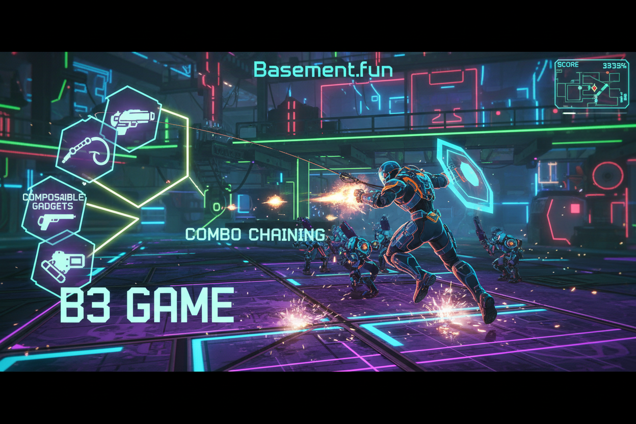 Vibrant Neon Nexus Raiders gameplay screenshot on Basement.fun showcasing composable gadgets and epic combo chaining, top underrated B3 hidden gem for savvy gamers 2026