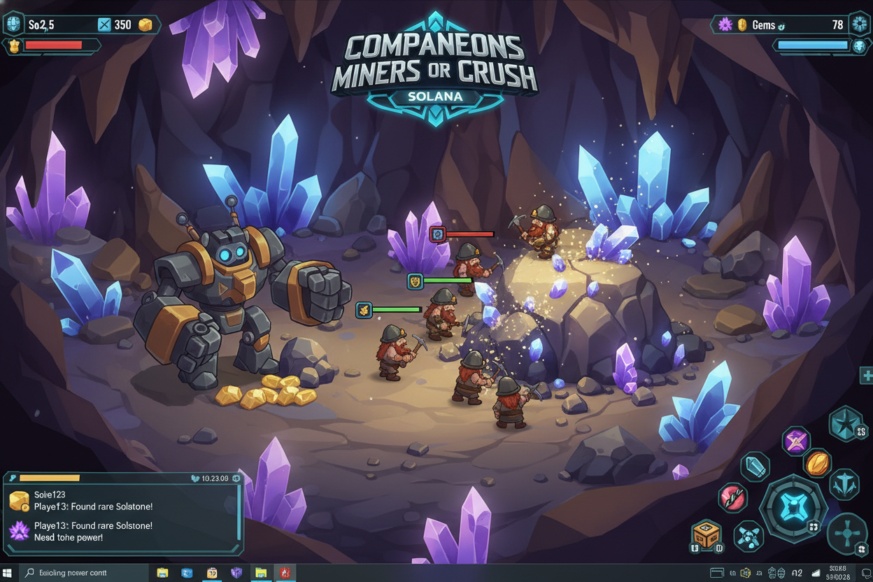 Vibrant gameplay screenshots from Companeons Miners and Crush games on Solana, showcasing player-driven action, NFTs, and Web3 economies