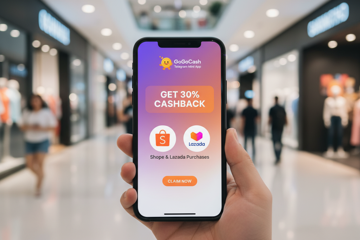 Vibrant GoGoCash Telegram Mini App interface screenshot showing 30% cashback rewards on Shopee and Lazada in TON ecosystem