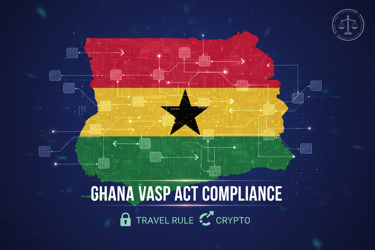 Vibrant graphic of Ghana flag merged with blockchain chains, compliance padlocks, and icons for Notabene SafeTransact, 21.co Travel Rule Protocol (TRP), Sygna Bridge under VASP Act 2026 for FATF crypto Travel Rule interoperability