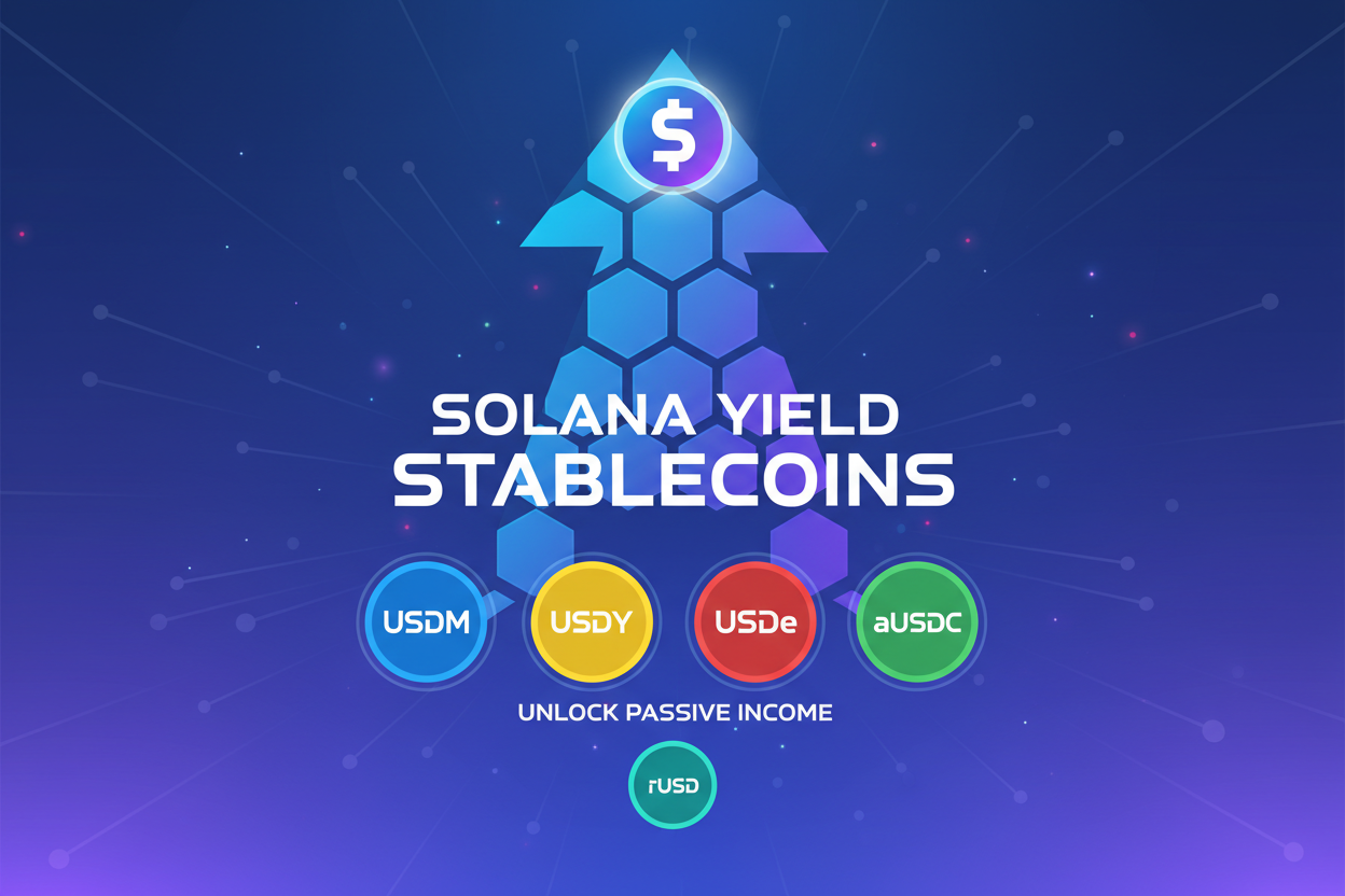 Vibrant infographic of Solana ecosystem highlighting yield-bearing stablecoins USDM, USDY, USDe, aUSDC, rUSD icons with upward yield arrows for passive income strategies 2026