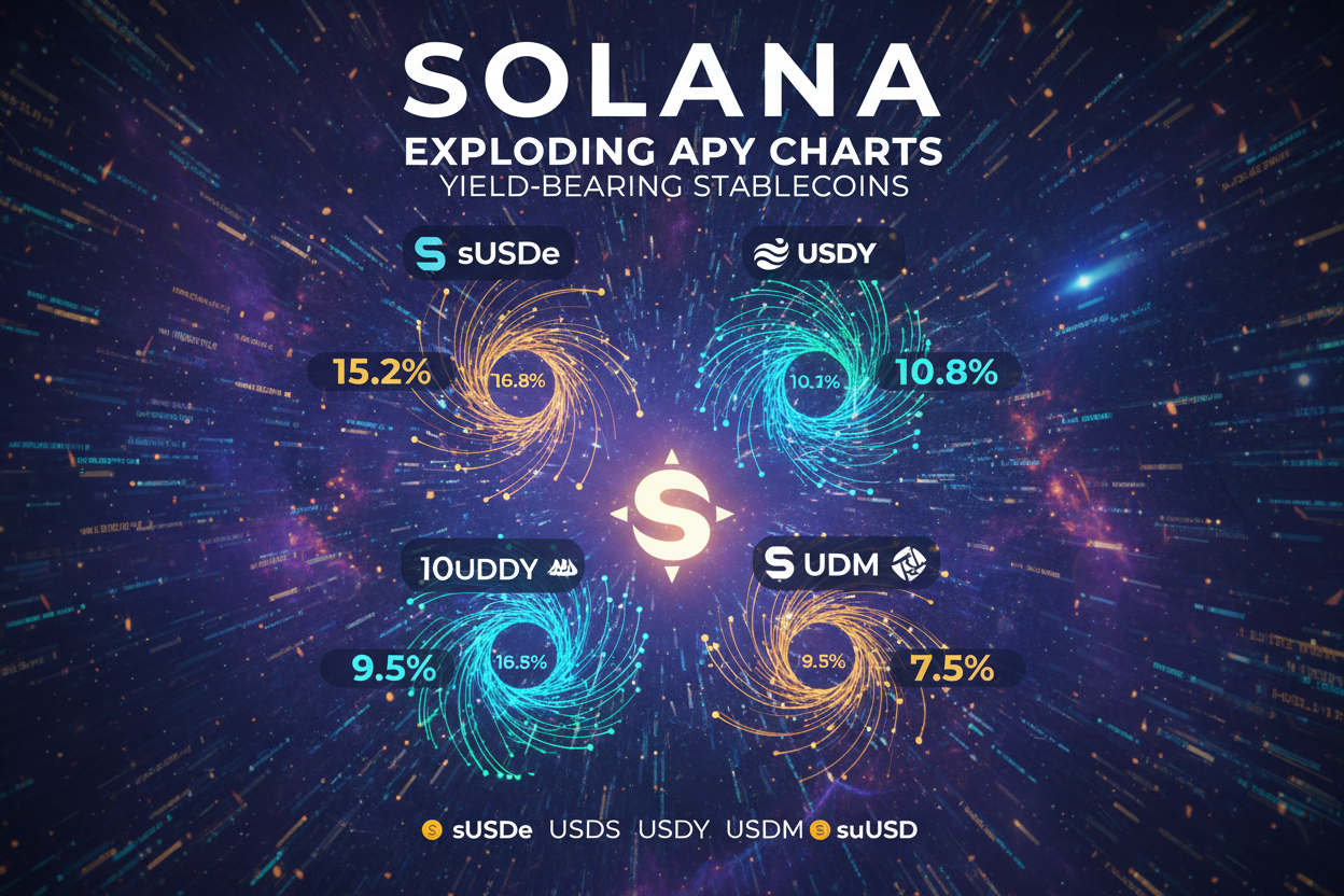 Vibrant infographic showcasing top 5 yield-bearing stablecoins on Solana for 2026 passive income: sUSDe, USDS, USDY, USDM, suUSD with explosive APY growth visuals and Solana logo