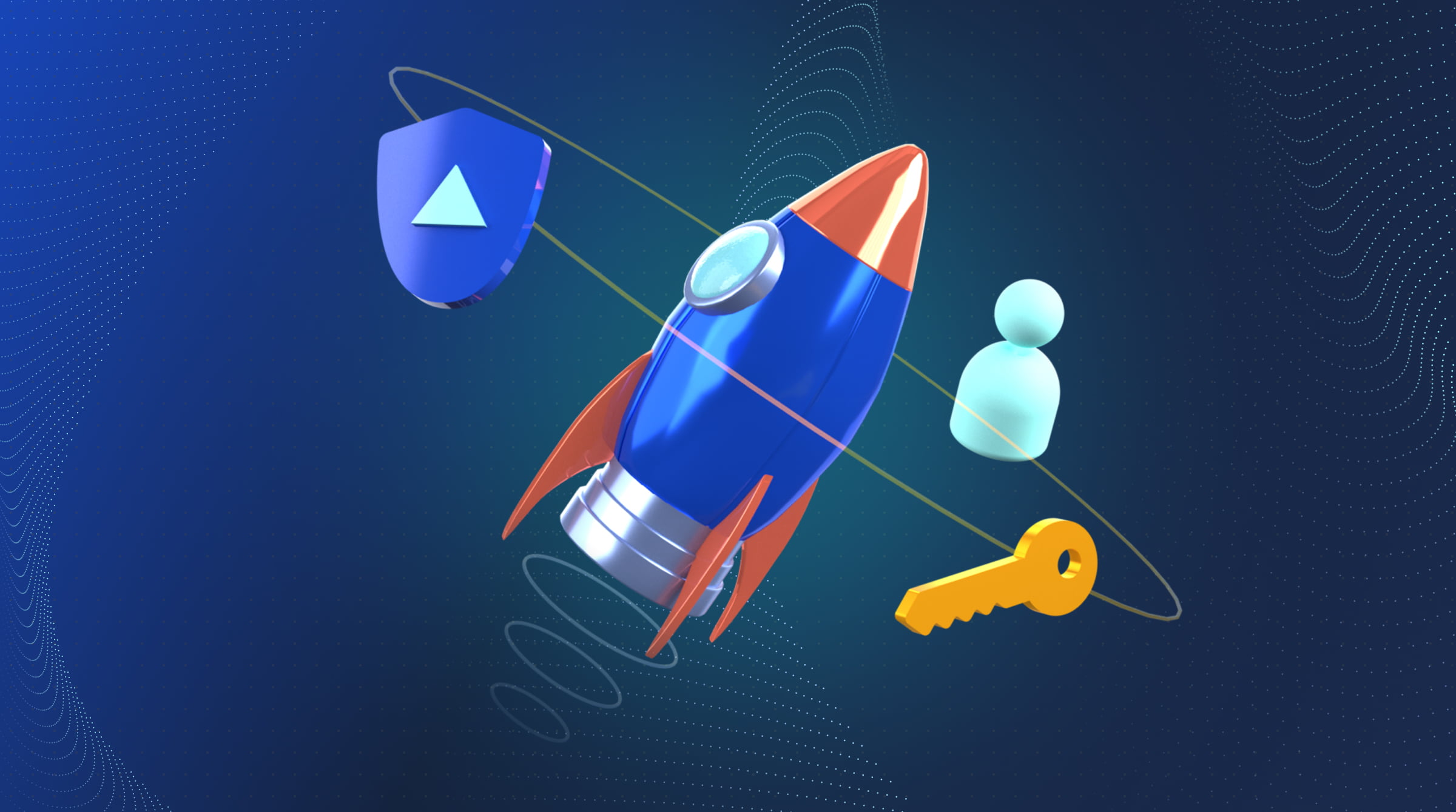 Vibrant illustration of blockchain startup team launching custom app-chain rocket into space, bypassing complex server mazes for Rollups-as-a-Service