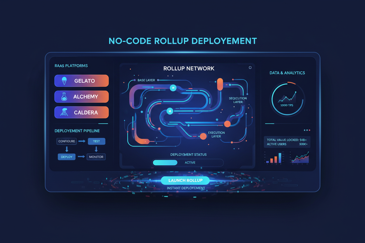 Vibrant illustration of no-code dashboard launching custom app-chain rollup in minutes with RaaS interface highlights for Gelato Alchemy Caldera