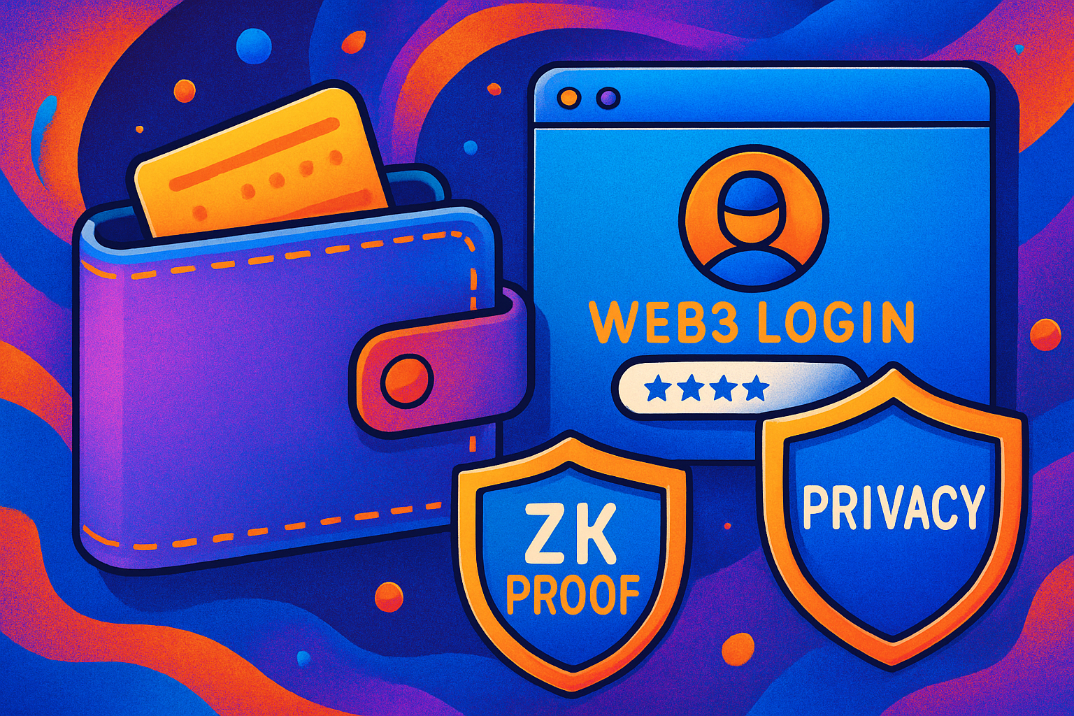 Vibrant illustration of self-sovereign identity digital wallet shielding user data with ZK proof shields for privacy-first Web3 login