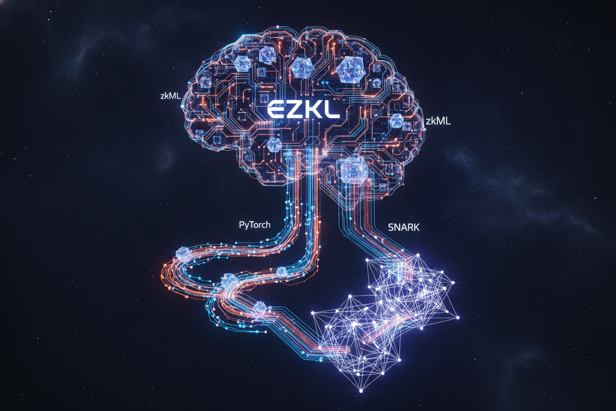 Vibrant illustration of PyTorch neural network wrapped in glowing zero-knowledge SNARK circuits, showcasing EZKL zkML workflow for proving model inference