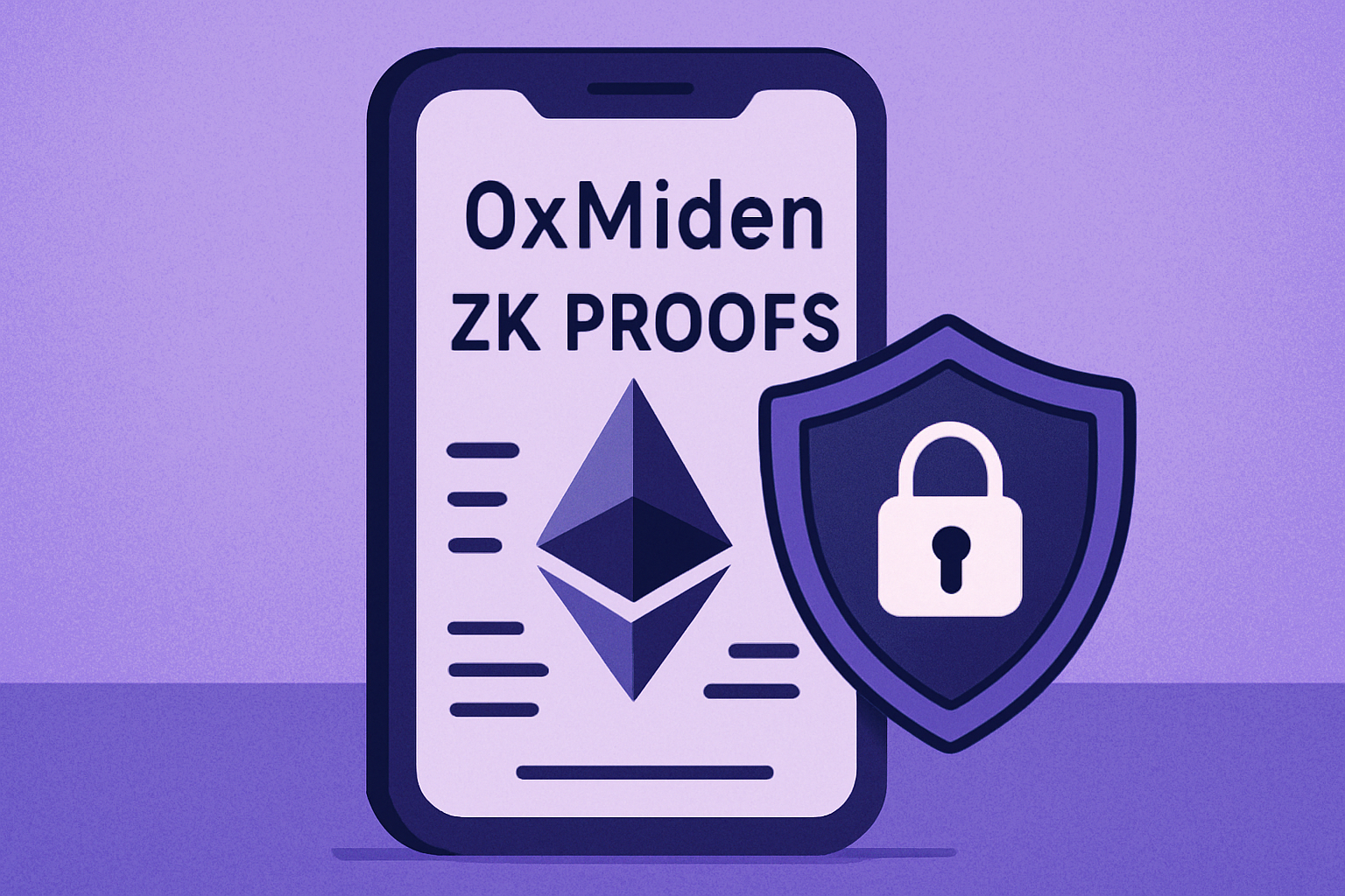 Vibrant illustration of smartphone generating ZK proofs locally for 0xMiden ZK rollup, Ethereum blockchain background, privacy shield icon, client-side proving privacy scaling