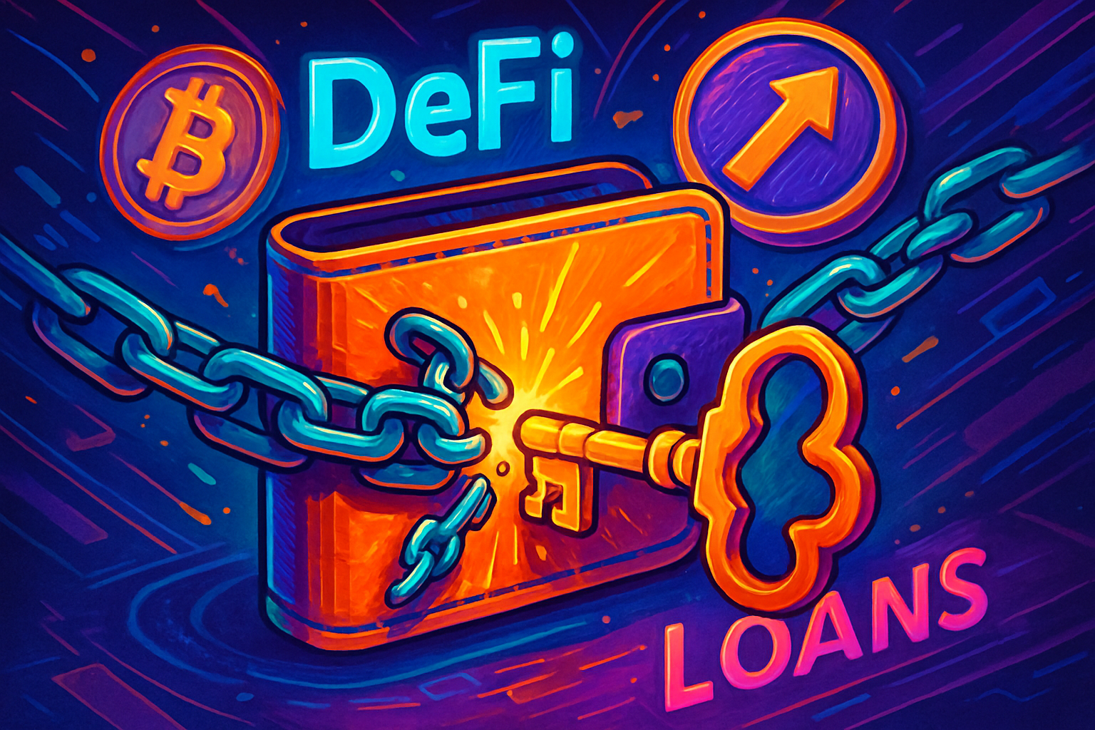 Vibrant futuristic illustration of a digital wallet unlocking chains to release undercollateralized DeFi loans in a blockchain ecosystem with on-chain credit scores like Veera FIS