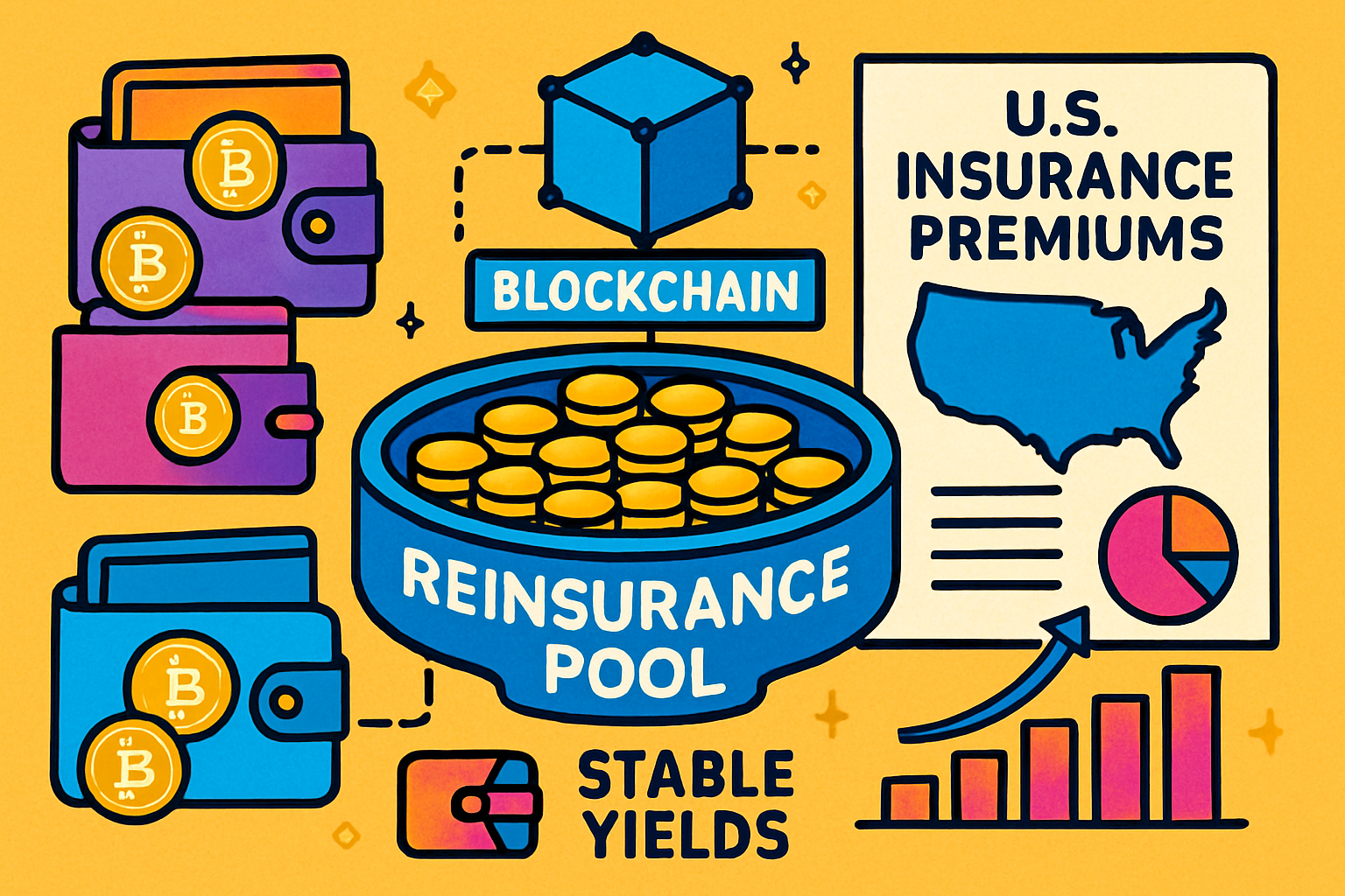 Vibrant illustration of blockchain network linking cryptocurrency wallets to a reinsurance pool of US insurance premiums, symbolizing stable yields in on-chain finance for 2025