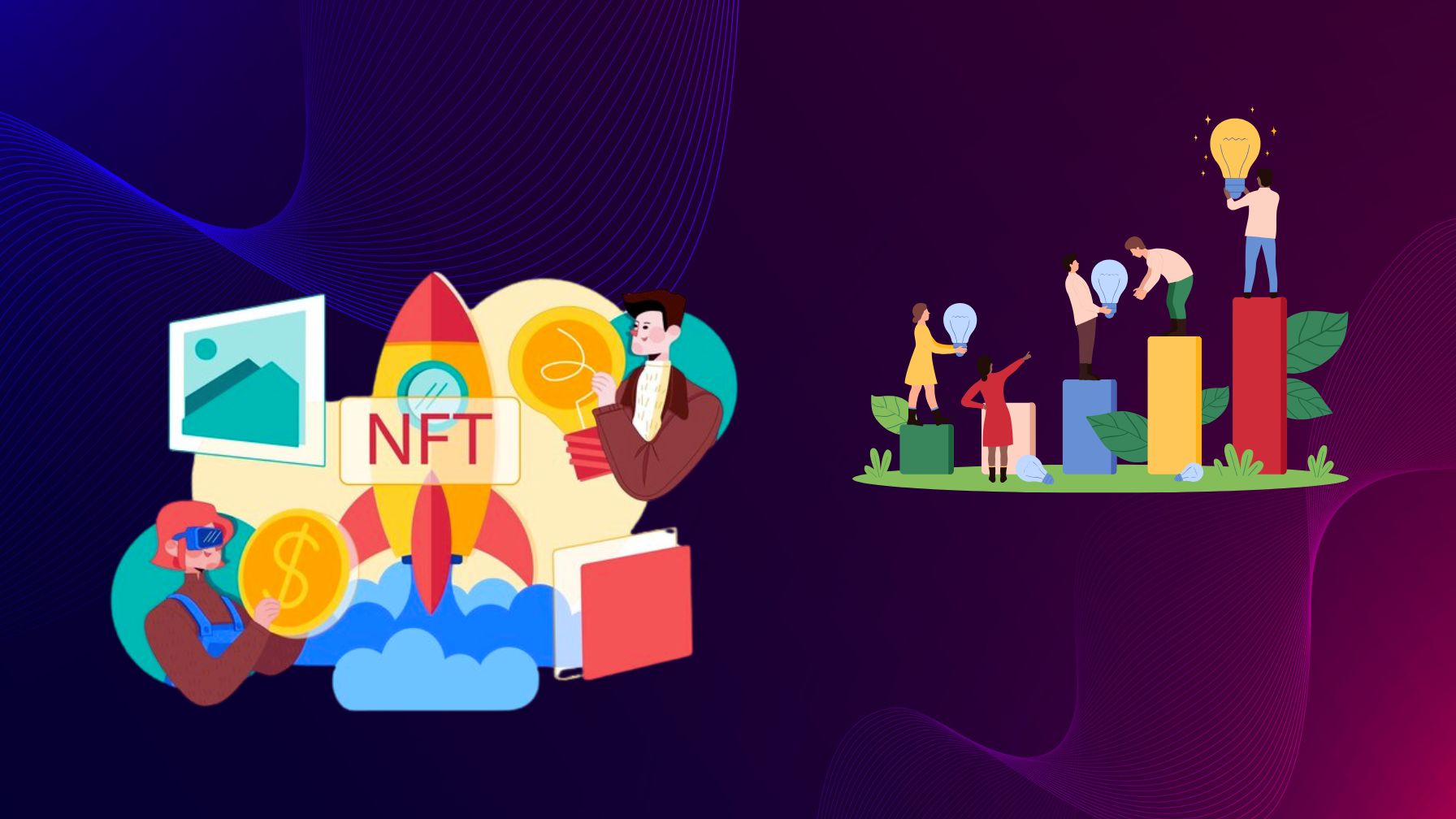 Vibrant illustration of blockchain smart contract splitting NFT royalty payments to multiple creators' wallets, on-chain automation for 2026