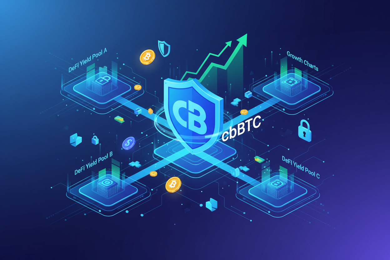 Vibrant illustration of cbBTC tokens flowing from Coinbase into secure Base DeFi yield pools with protective shields and upward growth charts for safe yields