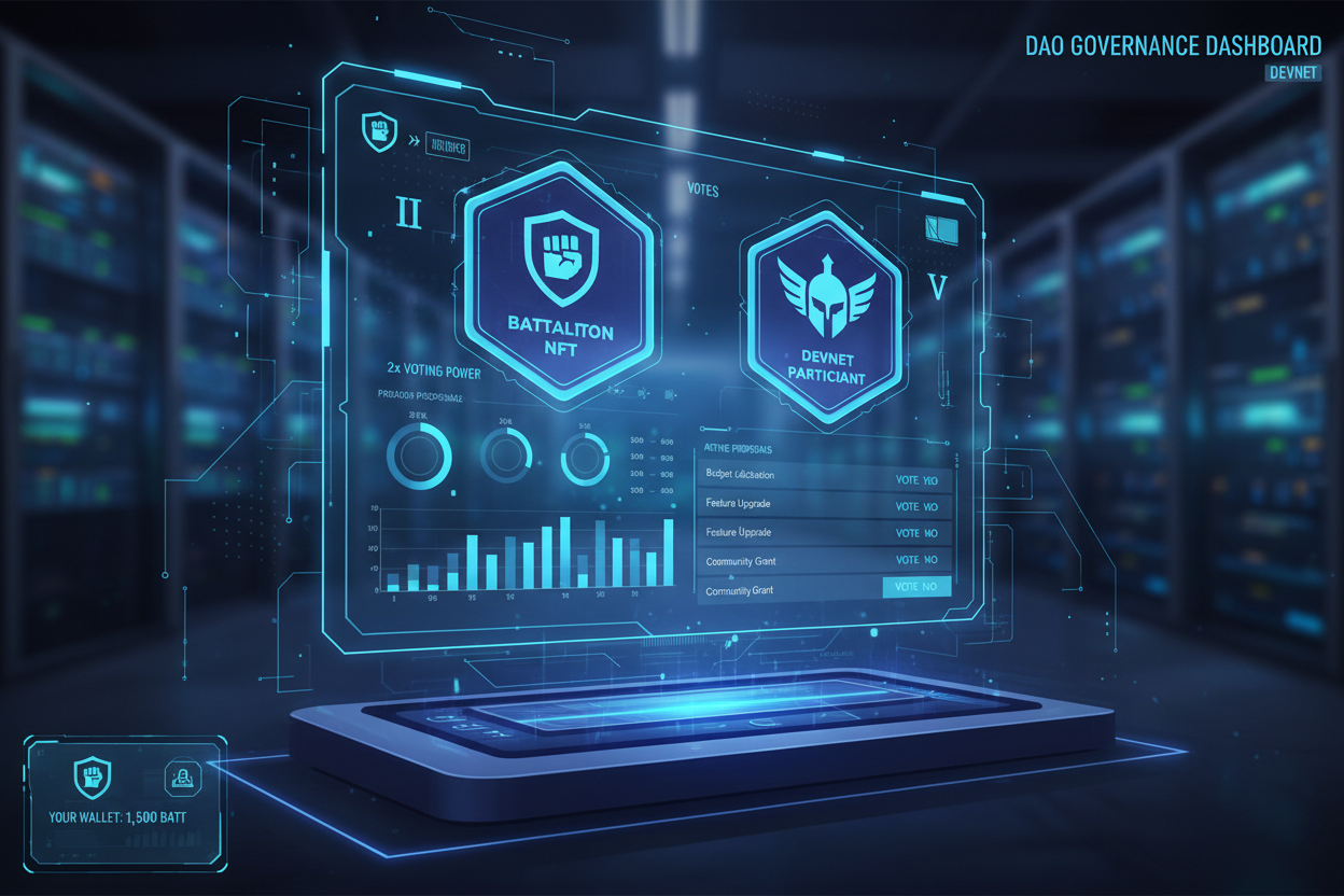 Vibrant illustration of DAO governance interface displaying Battalion NFT holders with 2x voting weight badges during devnet phase